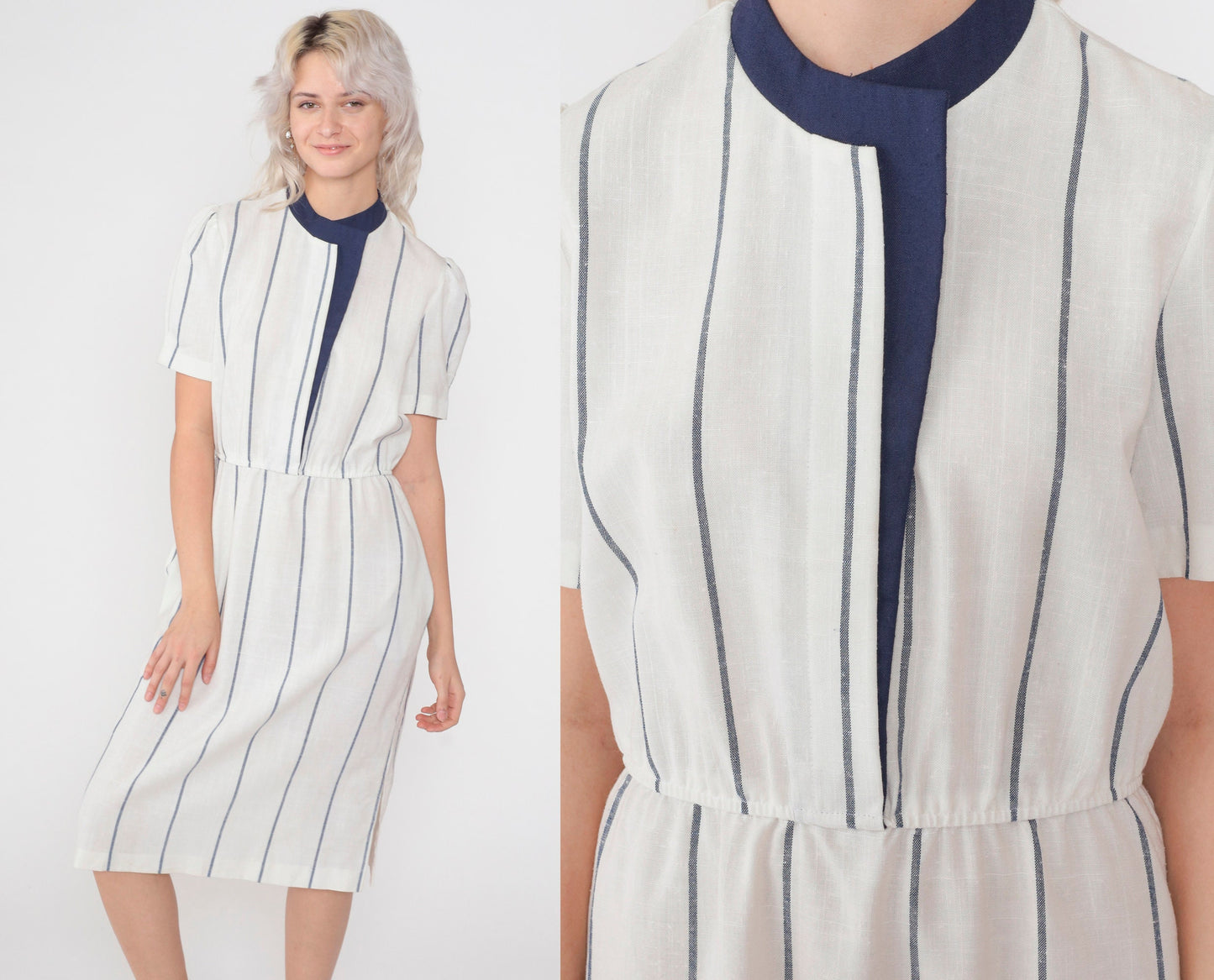80s White Striped Midi Dress Navy Trim Puff Sleeve High Waist Large L