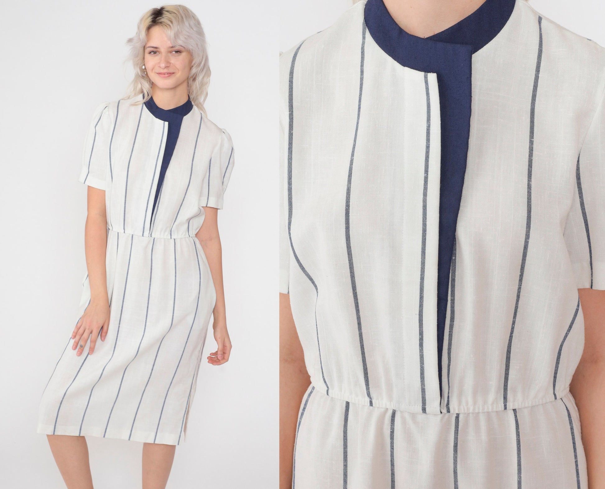 80s White Striped Midi Dress Navy Trim Puff Sleeve High Waist Large L