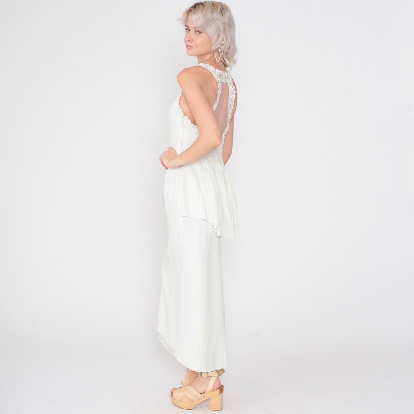 80s Scott McClintock White Maxi Dress Floral Lace Open Back Peplum Small