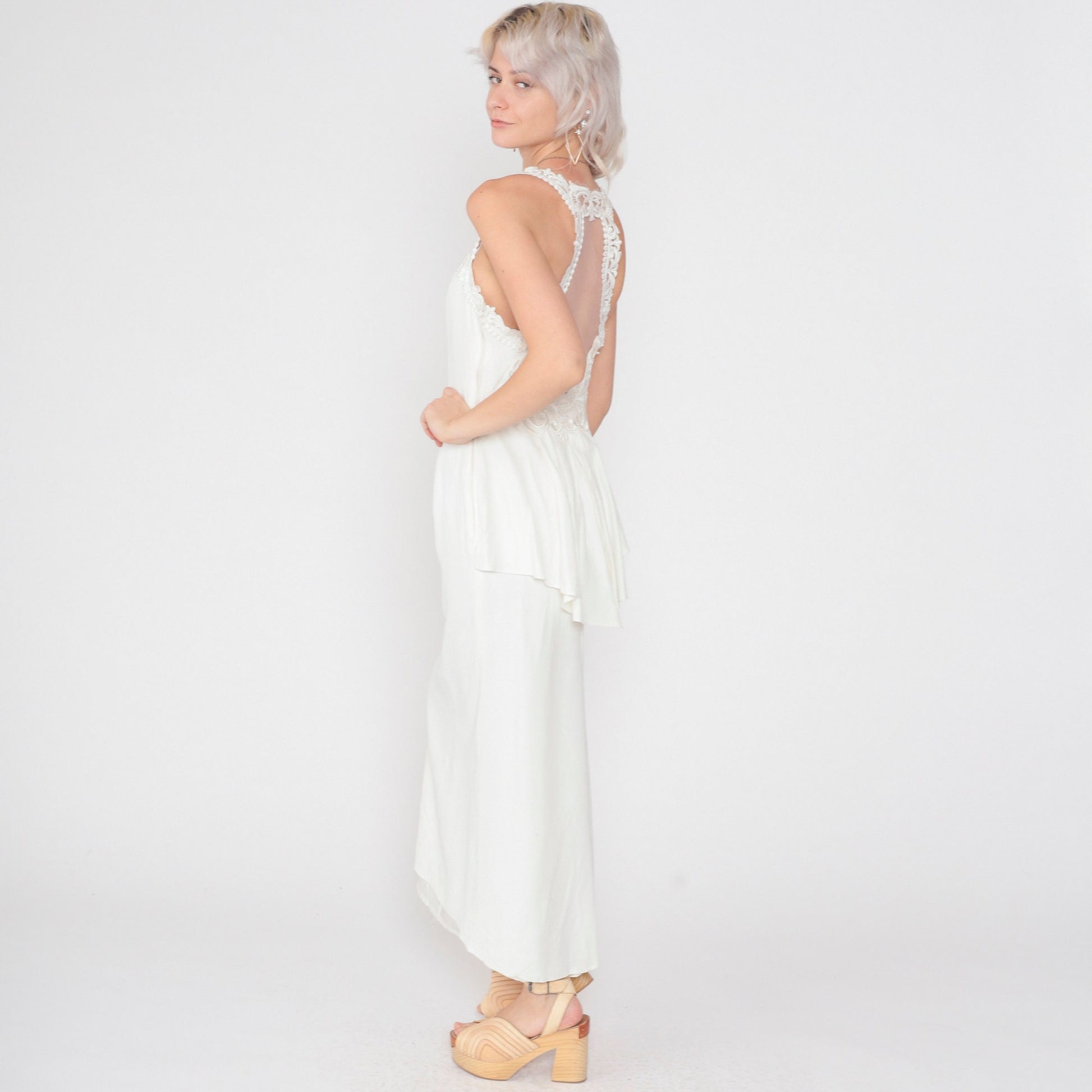 80s Scott McClintock White Maxi Dress Floral Lace Open Back Peplum Small