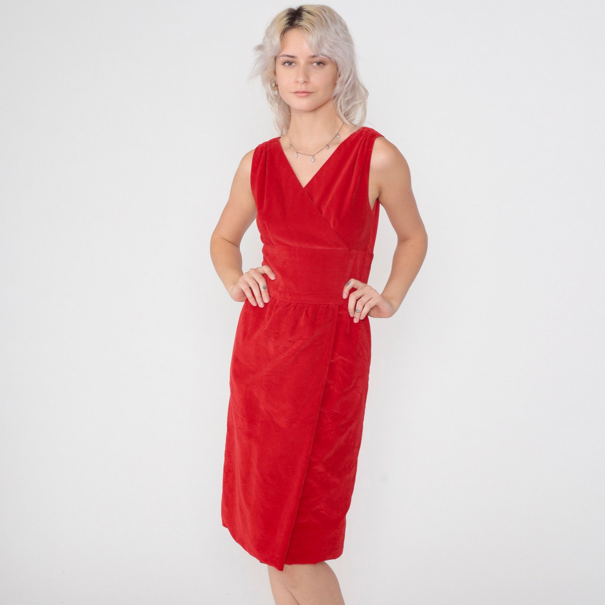 60s Red Velvet Mini Dress Empire Waist V-Neck Sleeveless Extra Small