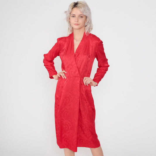 90s Liz Claiborne Red Silk Midi Dress Paisley Embossed V-Neck Faux Wrap Small