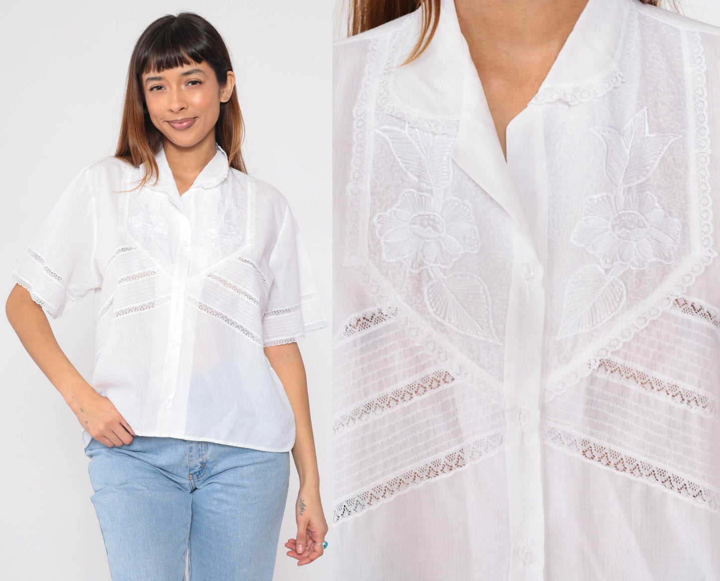 70s Embroidered Floral White Blouse Lace Trim Button-Up Collared Short Sleeve Large L