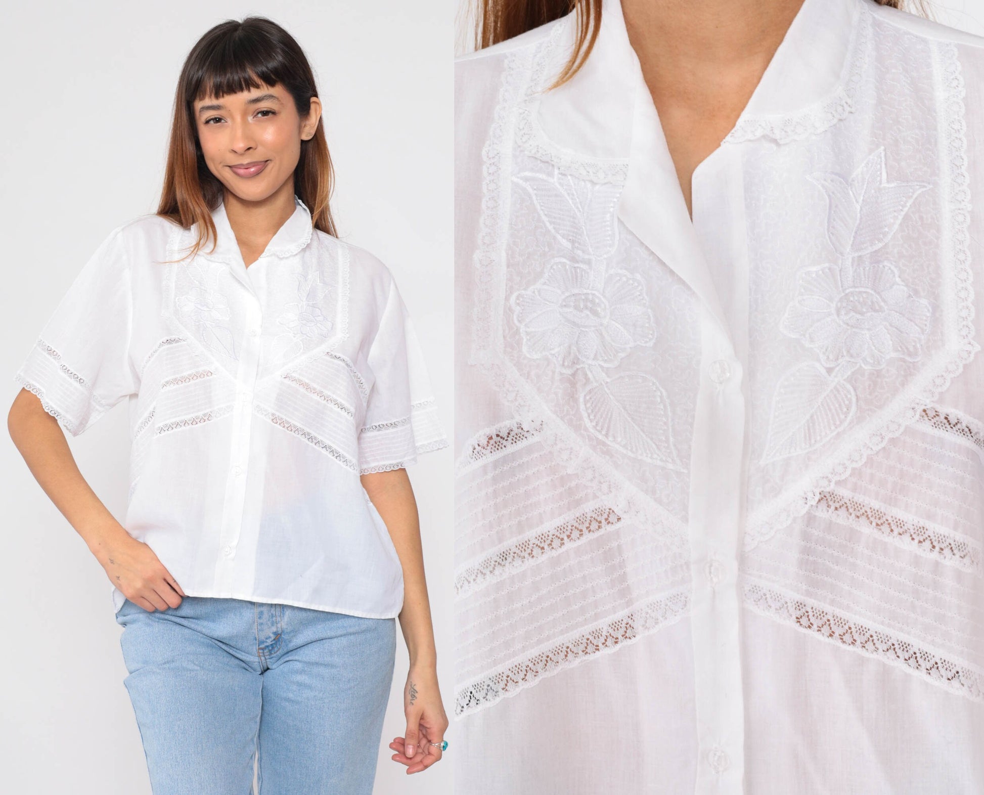 70s Embroidered Floral White Blouse Lace Trim Button-Up Collared Short Sleeve Large L