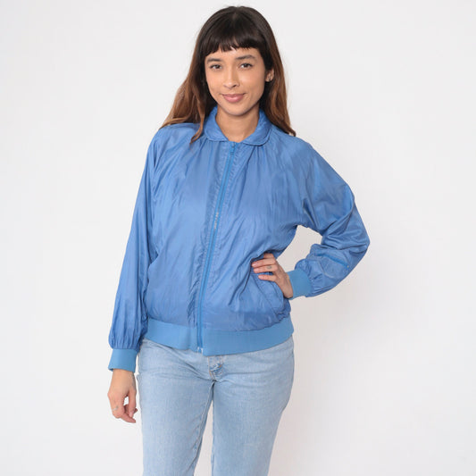 80s Blue Nylon Windbreaker Jacket Raglan Sleeve Zip-Up Medium