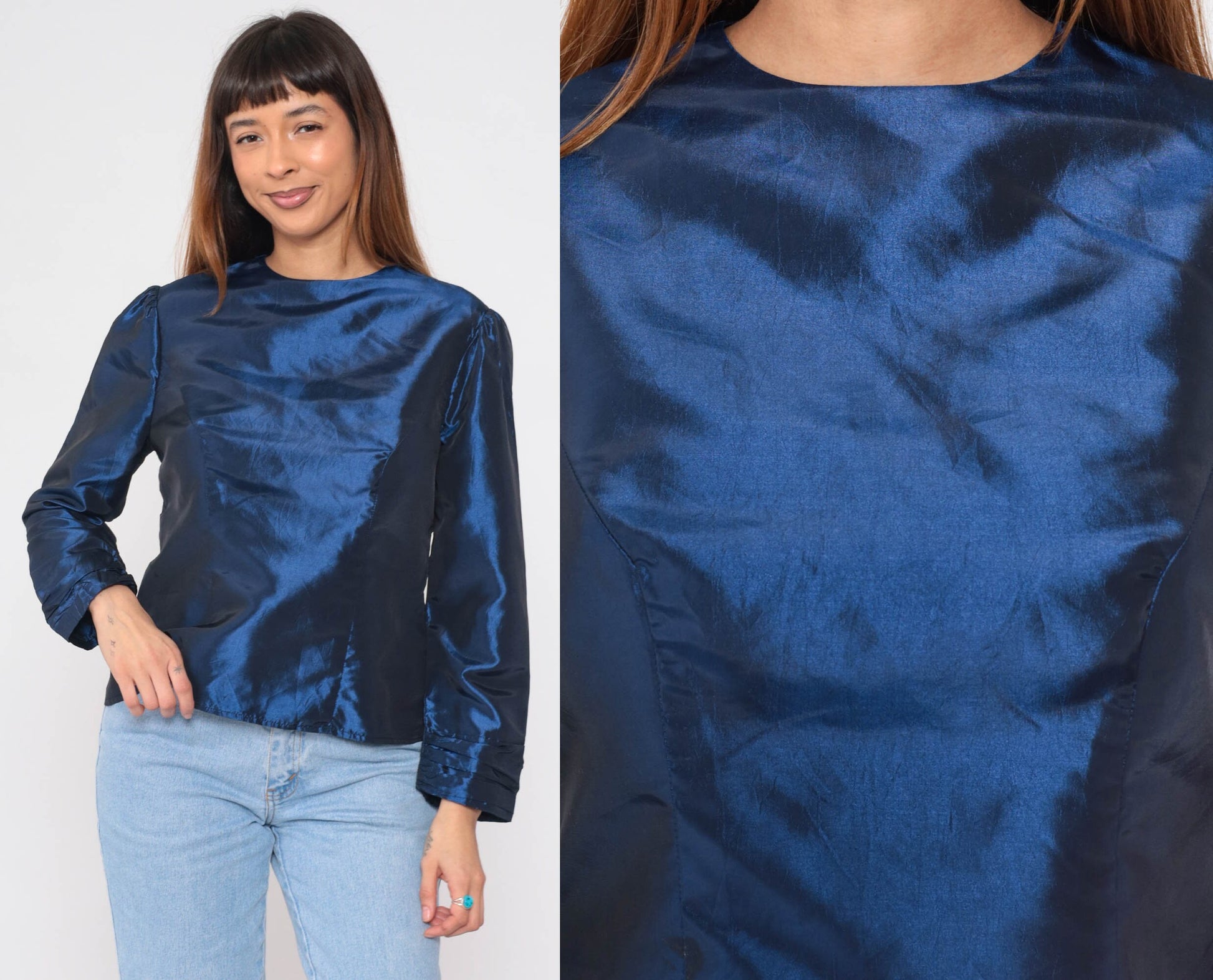 80s Metallic Blue Taffeta Blouse Puff Sleeve Fitted Party Top Medium