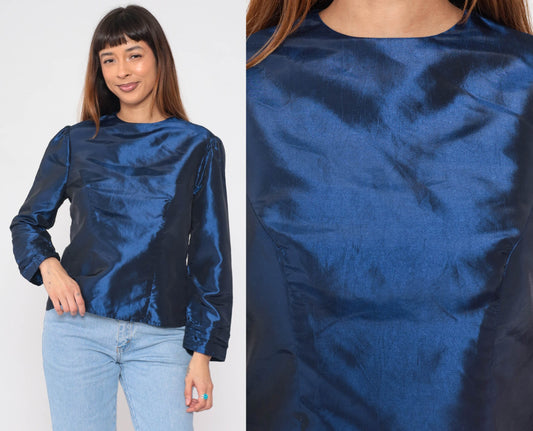 80s Metallic Blue Taffeta Blouse Puff Sleeve Fitted Party Top Medium