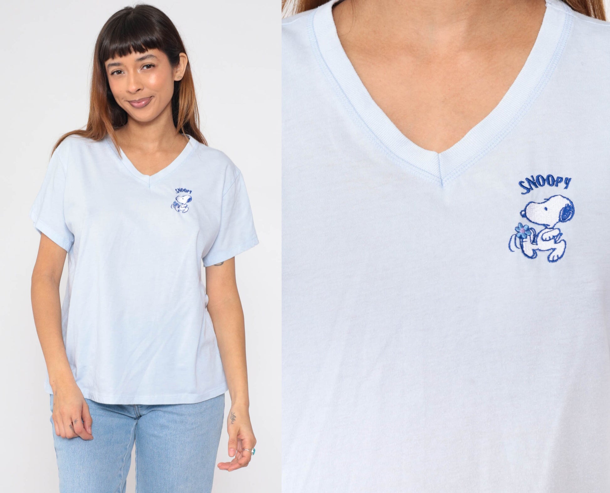 90s Snoopy Peanuts Graphic T-Shirt Baby Blue V-Neck Large L