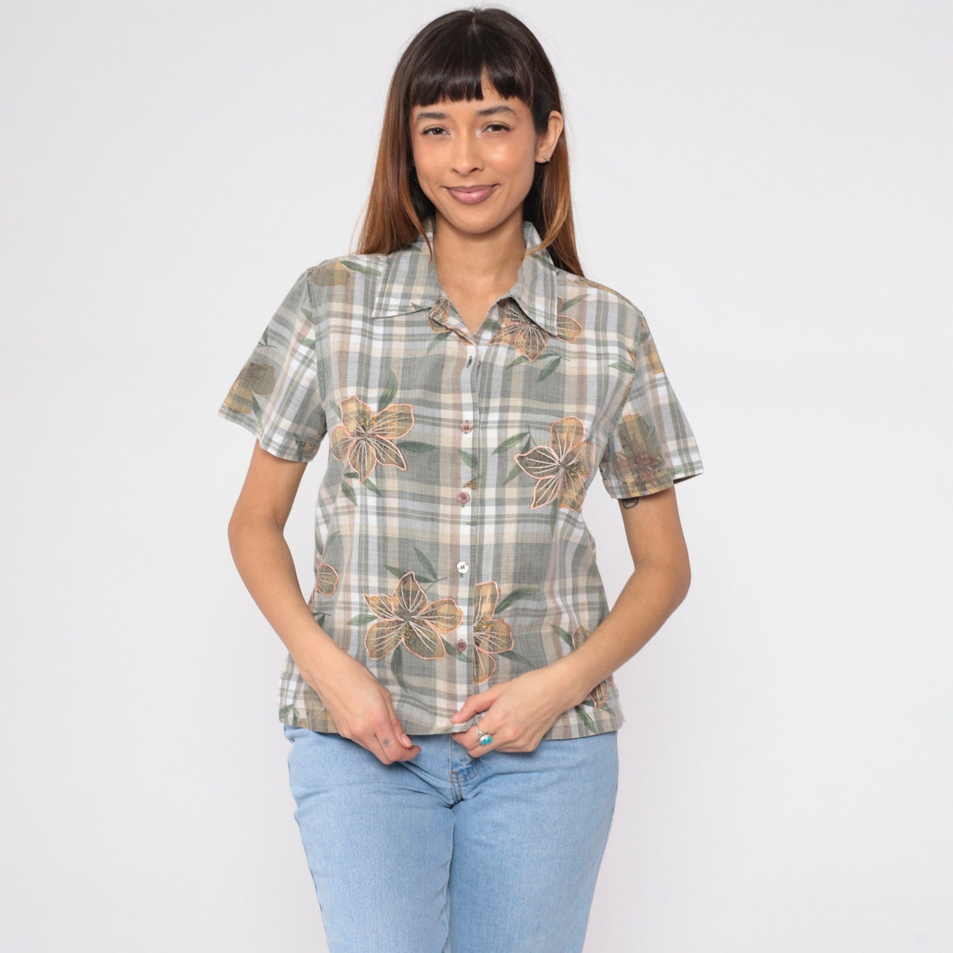 Y2K Plaid Floral Embroidered Button-Up Blouse Cotton Short Sleeve Medium M