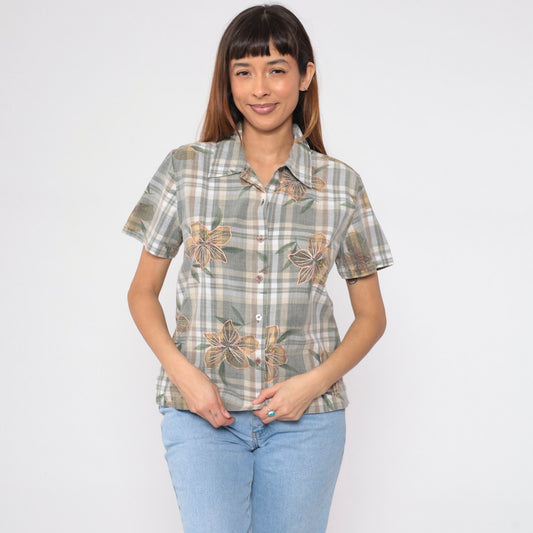 Y2K Plaid Floral Embroidered Button-Up Blouse Cotton Short Sleeve Medium M