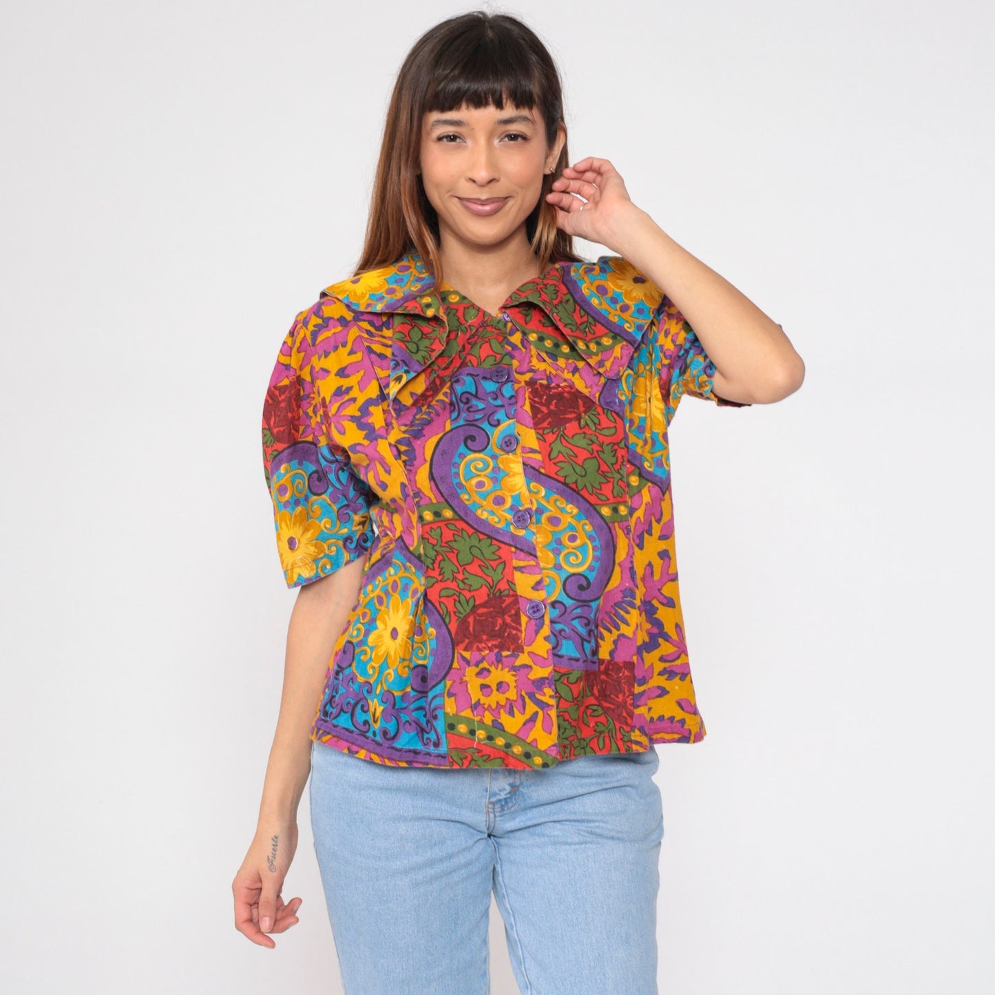 90s Mahudi Floral Cotton Blouse Puff Sleeve Pilgrim Collar Large L