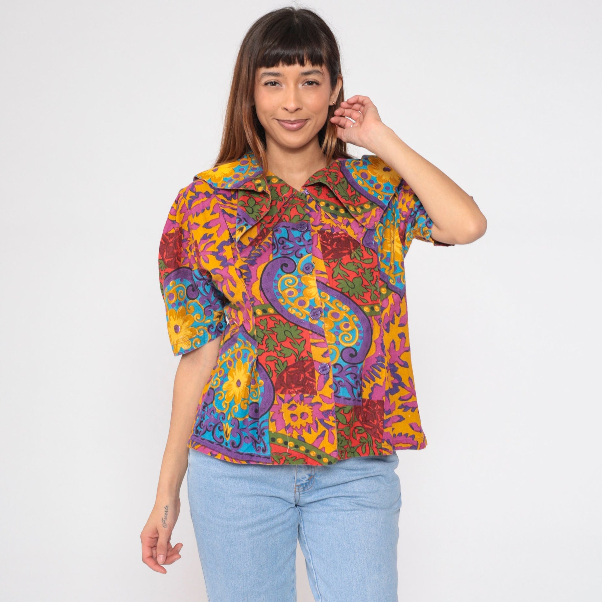 90s Mahudi Floral Cotton Blouse Puff Sleeve Pilgrim Collar Large L