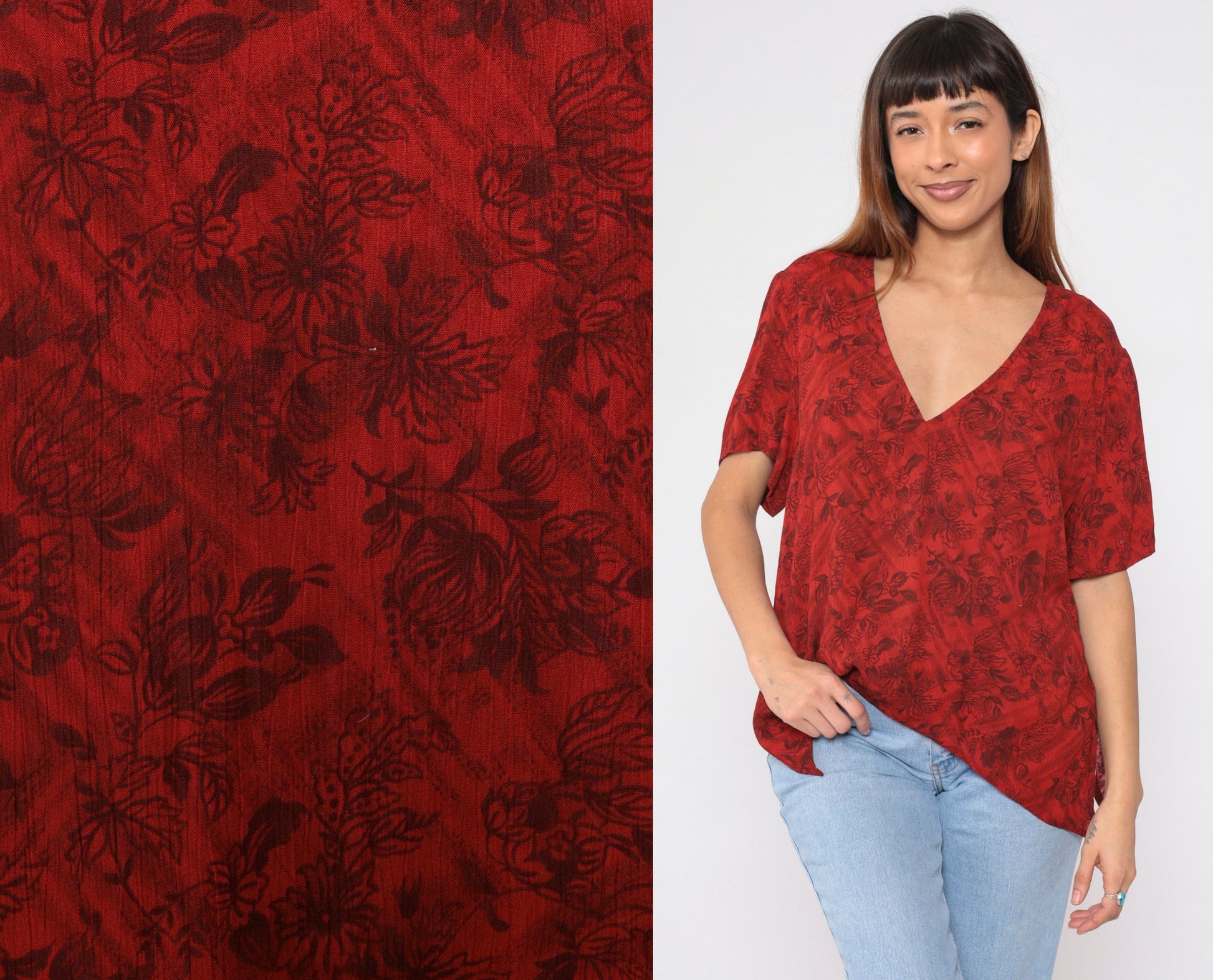 90s Karin Stevens Red Floral V-Neck Blouse Sharkbite Hem Short Sleeve Large