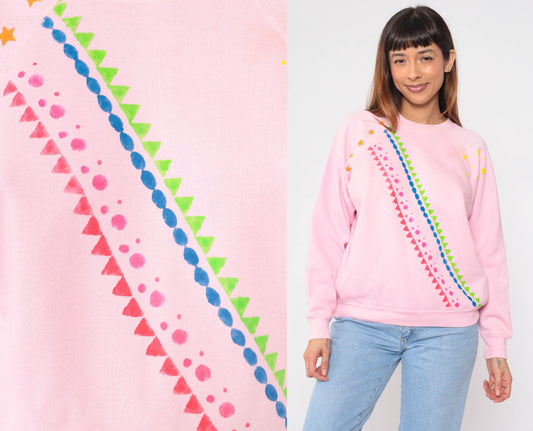 80s Tultex Geometric Star Sweatshirt Baby Pink Painted Crewneck Large L