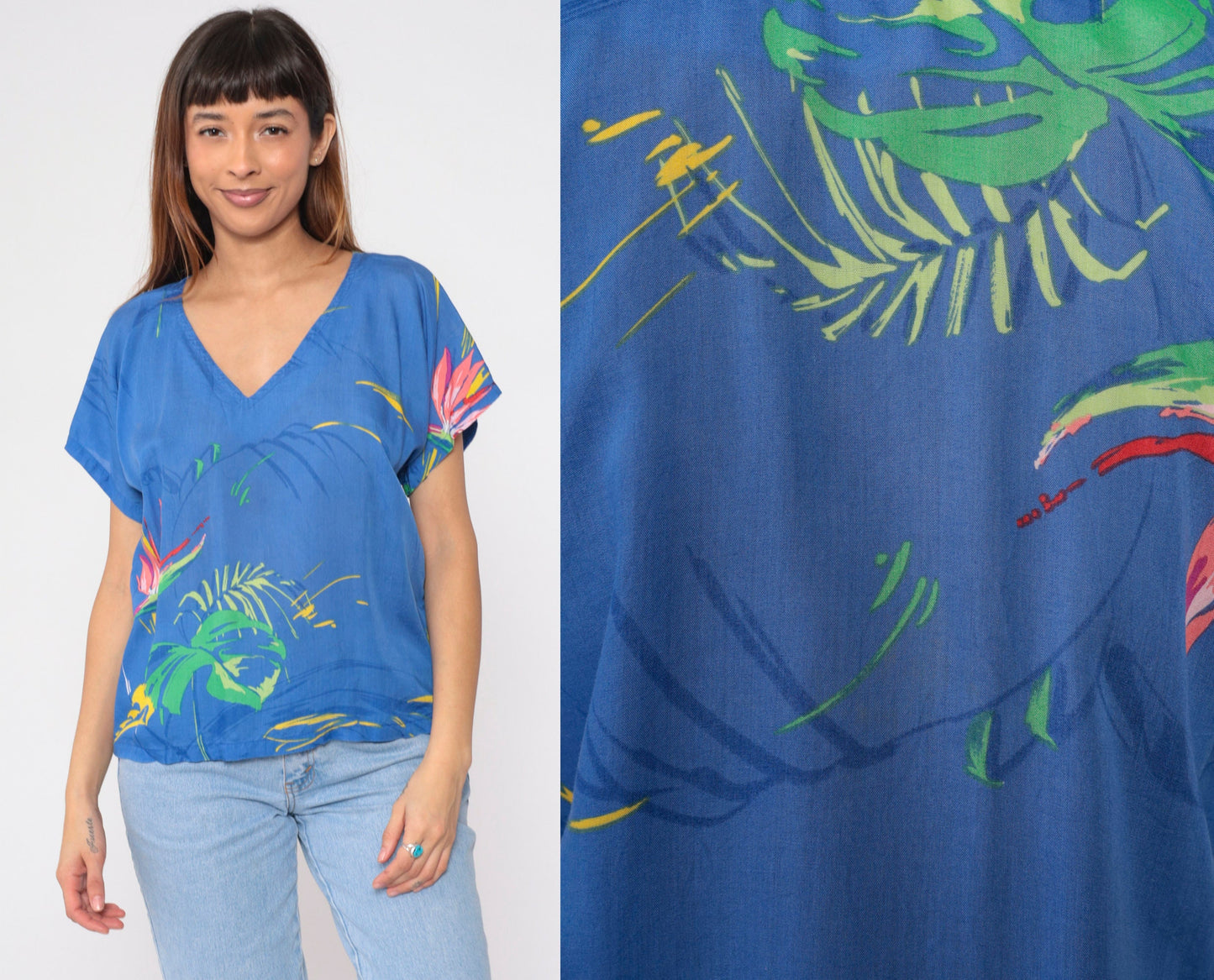 90s Tropical Floral Leaf Print Blouse Blue V-Neck Short Sleeve Medium M