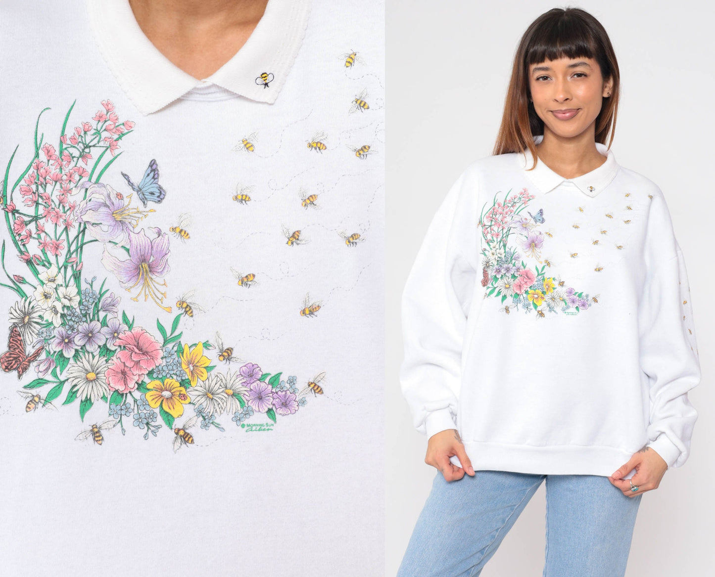 90s Honeybee Floral Butterfly Sweatshirt White Collared Pullover Extra Large XXL