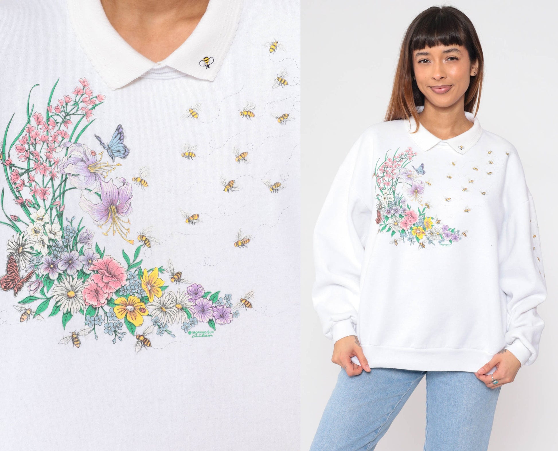 90s Honeybee Floral Butterfly Sweatshirt White Collared Pullover Extra Large XXL