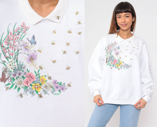 90s Honeybee Floral Butterfly Sweatshirt White Collared Pullover Extra Large XXL