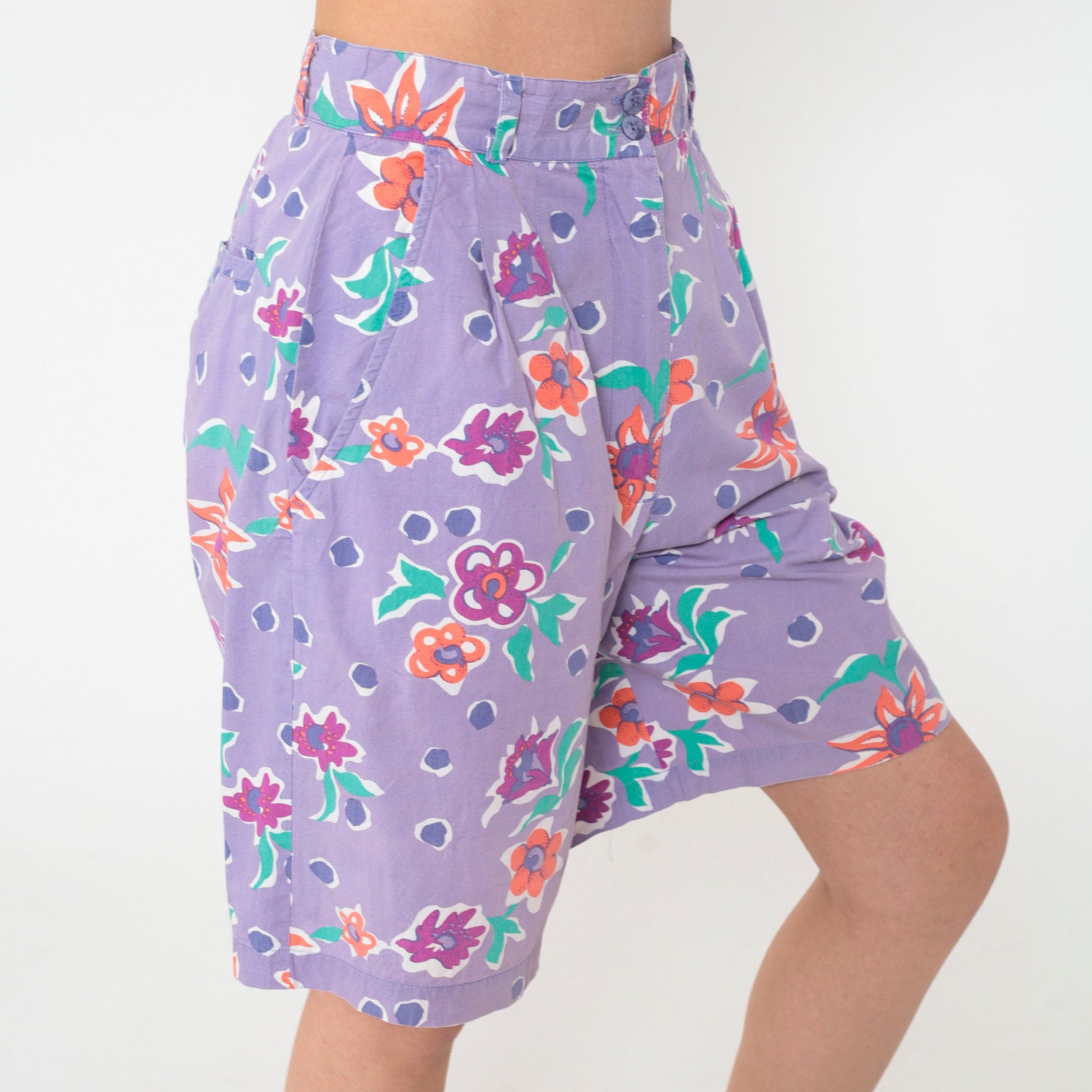 90s Lavender Polka Dot Floral Shorts High Waist Pleated Cotton Small