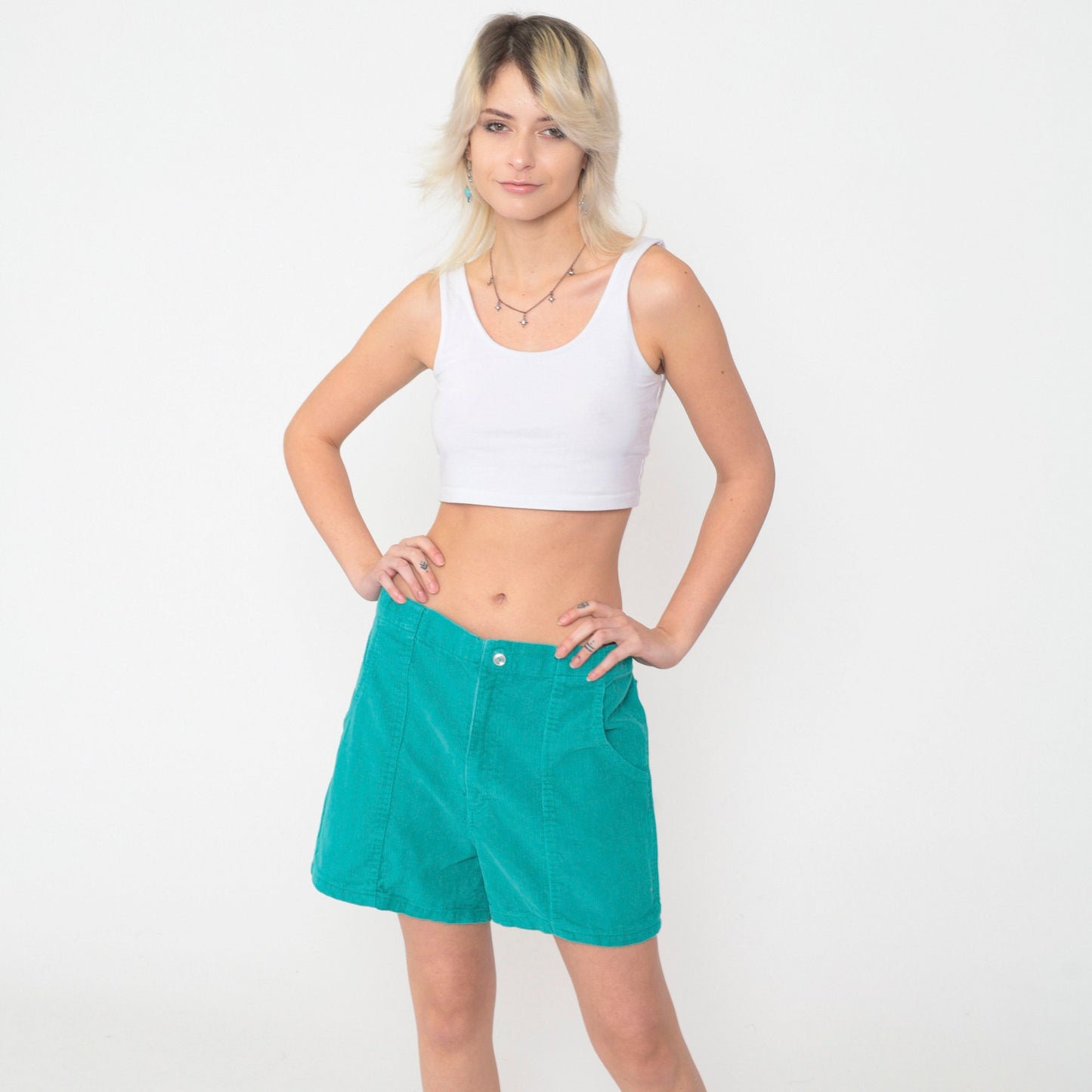 80s Green Corduroy Shorts High Waist Patch Pockets Elastic Back Medium