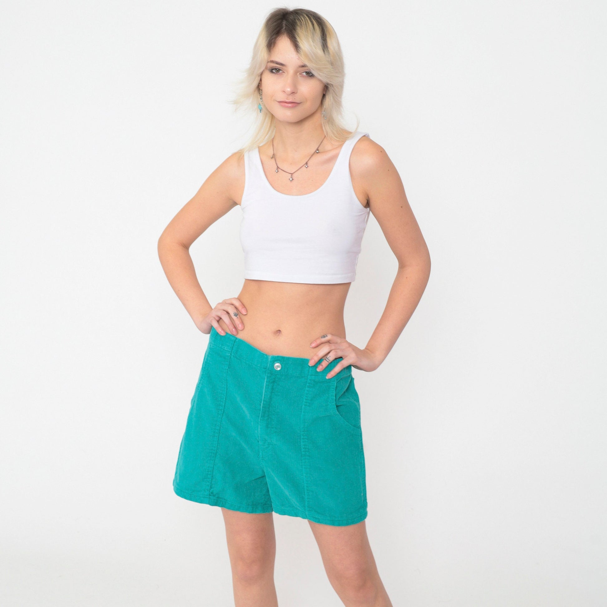 80s Green Corduroy Shorts High Waist Patch Pockets Elastic Back Medium