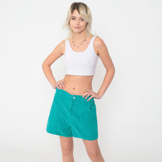 80s Green Corduroy Shorts High Waist Patch Pockets Elastic Back Medium
