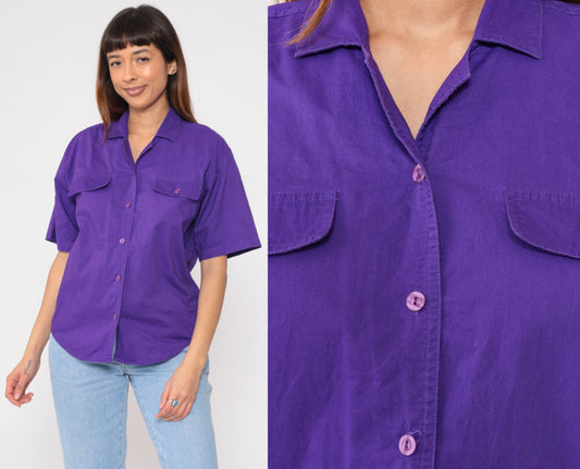 90s Karen Scott Purple Cotton Button-Up Blouse Short Sleeve Chest Pocket Medium