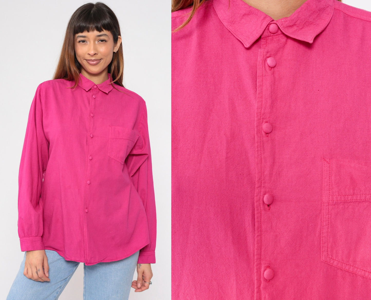 90s Fuchsia Cotton Button-Up Shirt Long Sleeve Collared Small