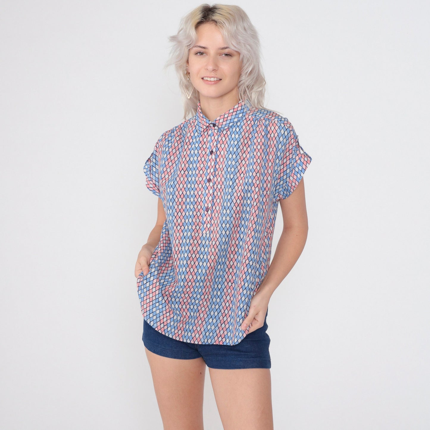 80s Diamond Print Half-Button Blouse Pink Blue White Cap Sleeve Medium M