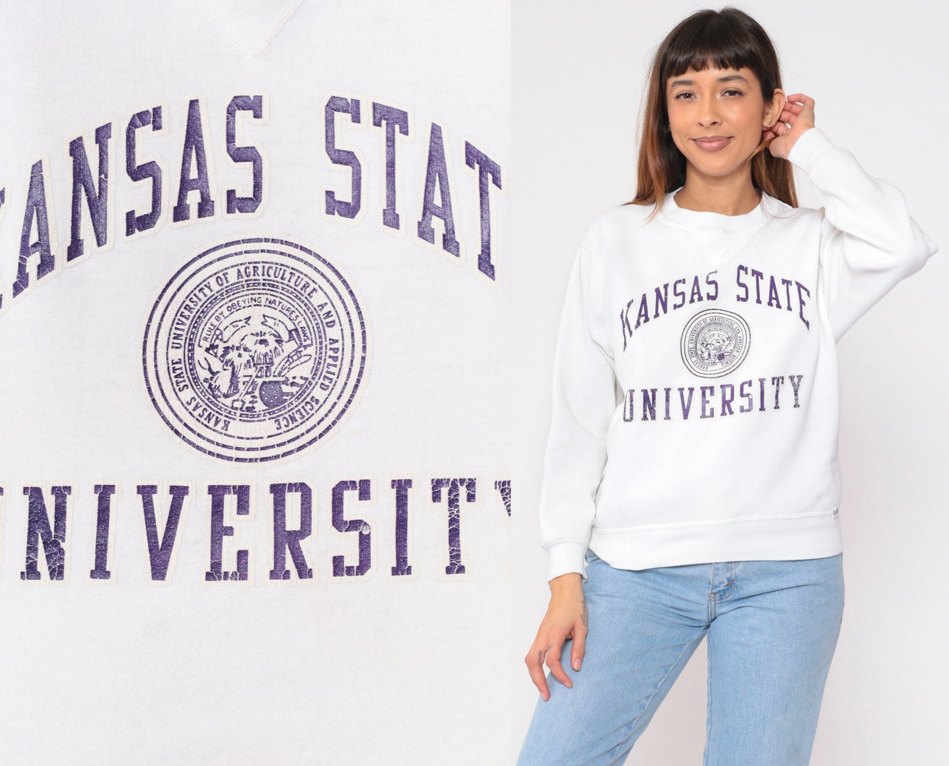 90s Kansas State University Wildcats Russell Athletic Sweatshirt White Medium M