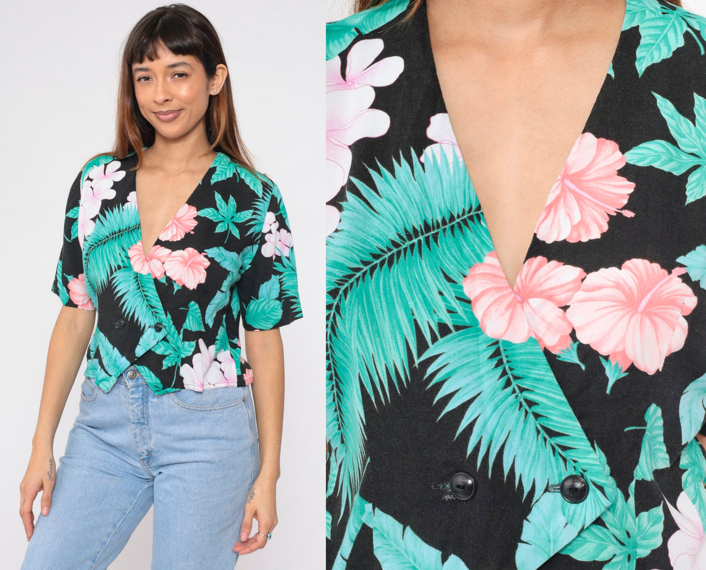 90s Black Tropical Floral Crop Top Double Breasted Blouse Medium M