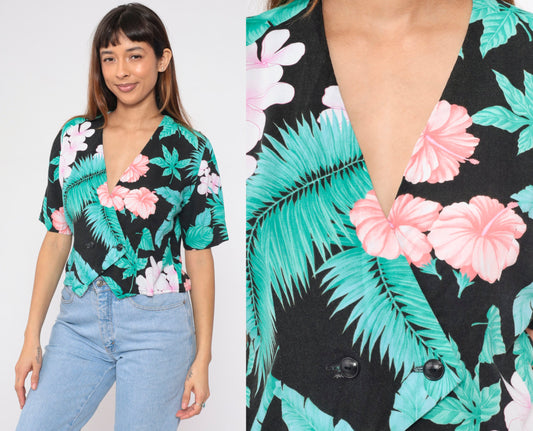 90s Black Tropical Floral Crop Top Double Breasted Blouse Medium M