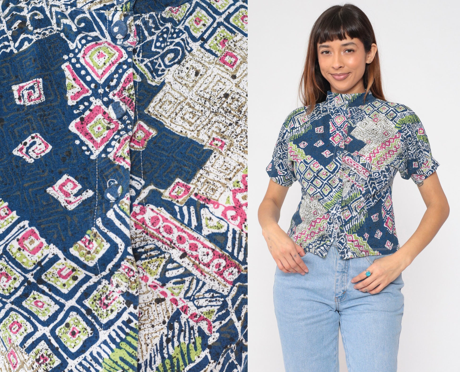 90s Batik Abstract Geometric Print Button-Up Shirt Blue Mock Neck Small