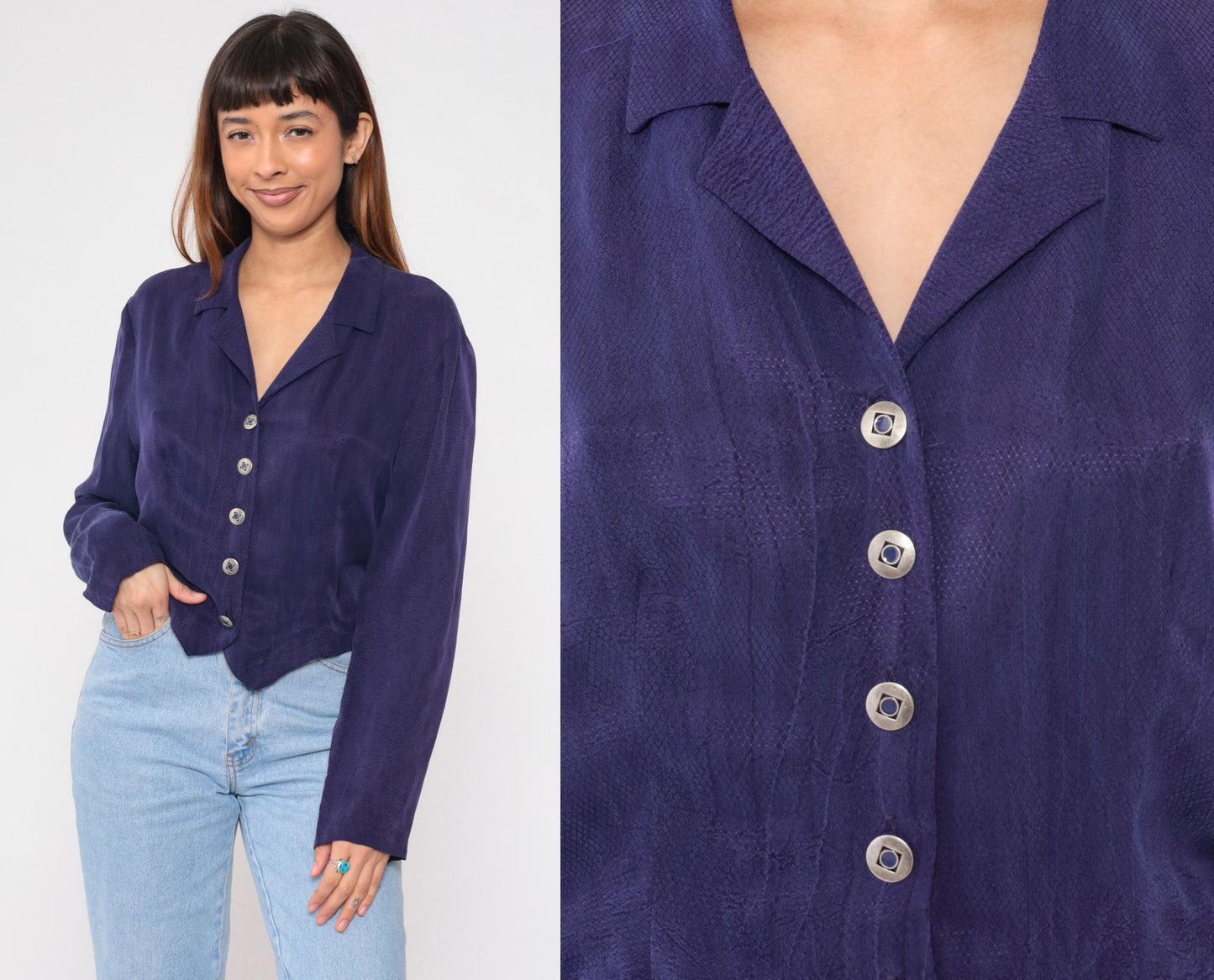 90s Purple Embossed Diamond Blouse Button Up Long Sleeve Collared Shirt Large