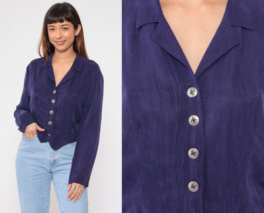 90s Purple Embossed Diamond Blouse Button Up Long Sleeve Collared Shirt Large
