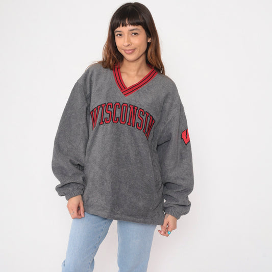 90s Wisconsin Badgers Grey Fleece Windbreaker Pullover V-Neck Medium