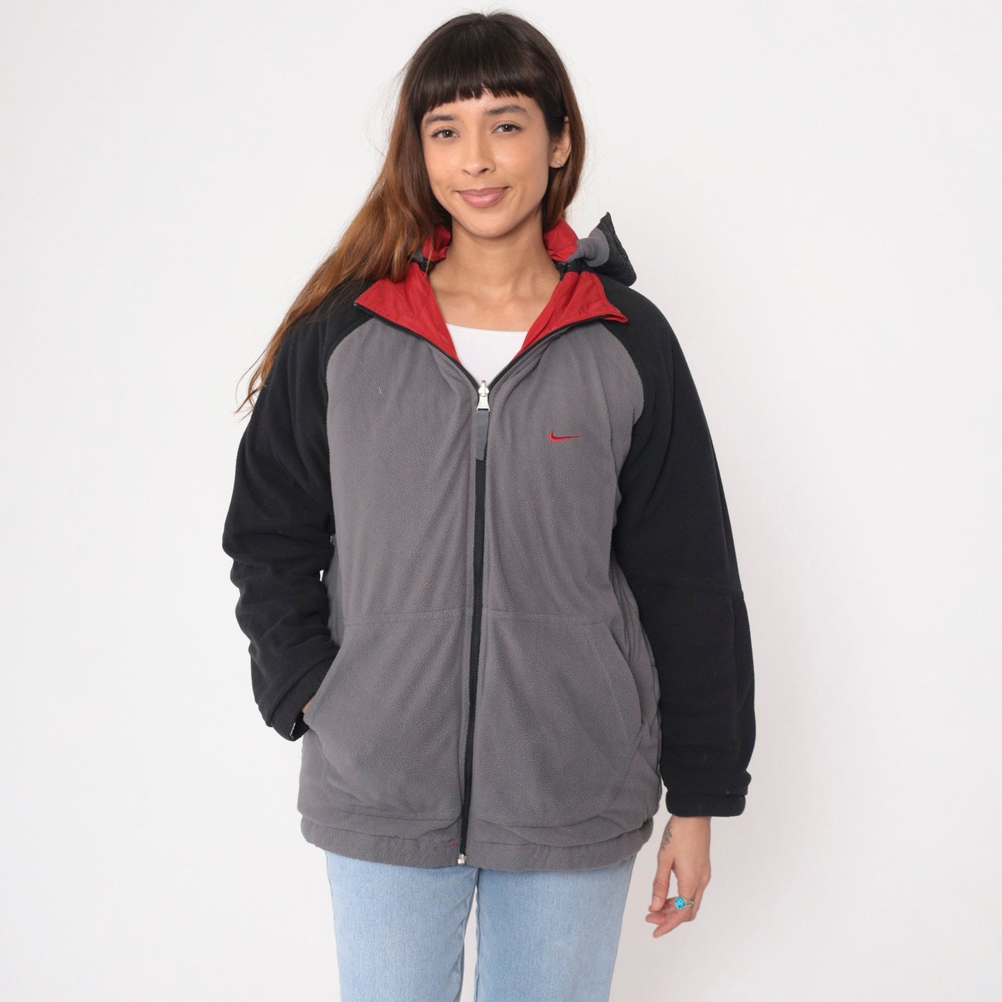 00s Nike Reversible Hooded Windbreaker Jacket Red Grey Nylon Fleece Extra Large