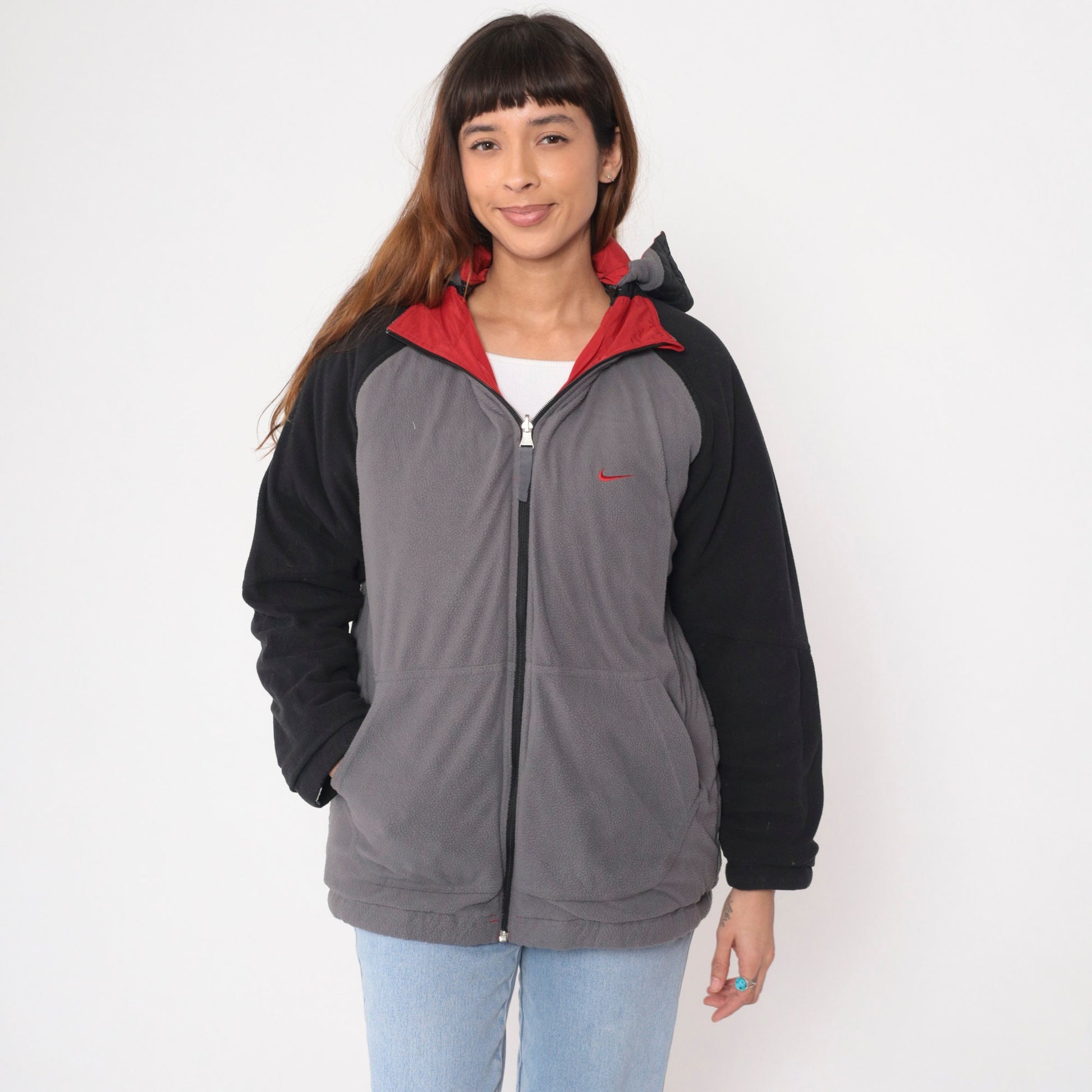 00s Nike Reversible Hooded Windbreaker Jacket Red Grey Nylon Fleece Extra Large