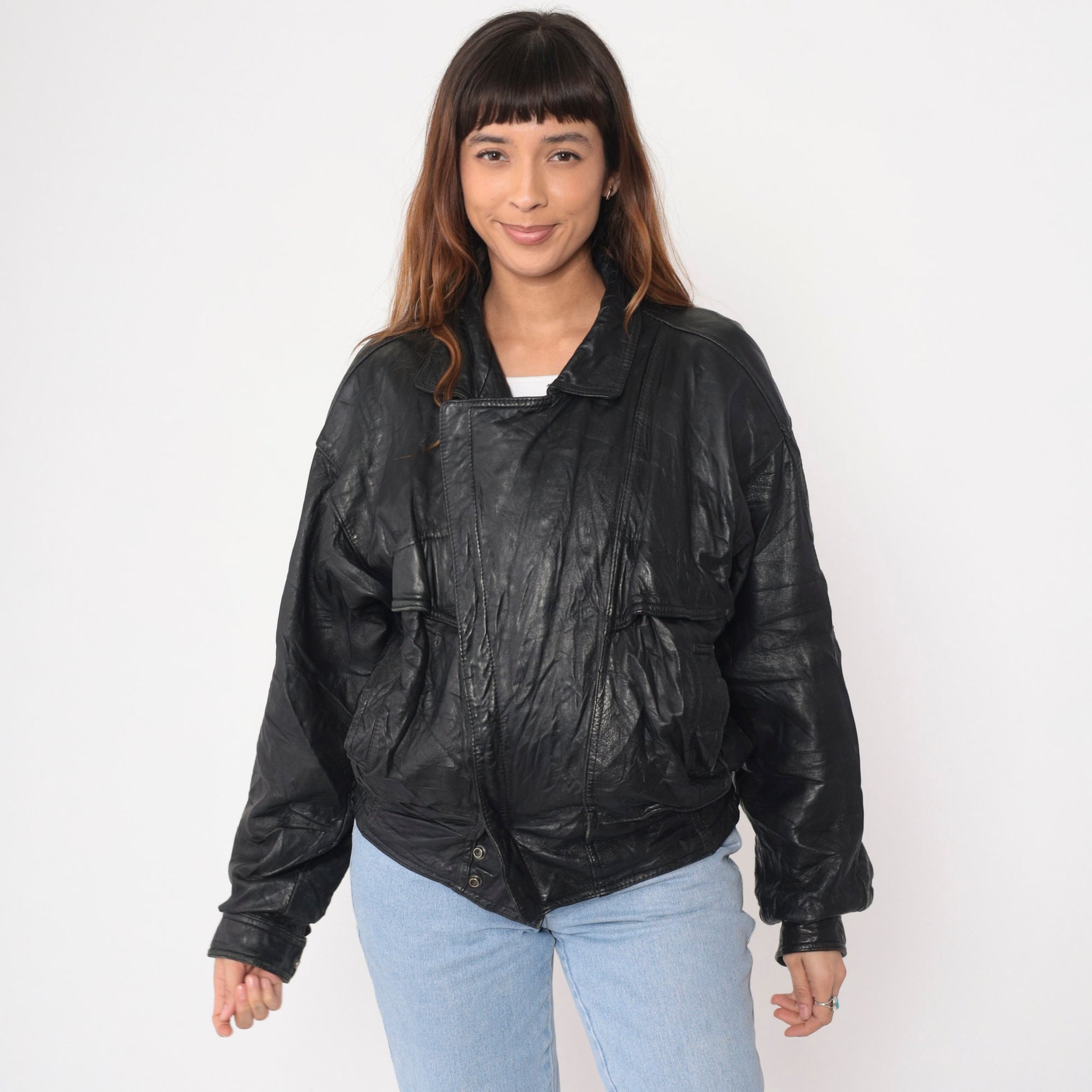 90s Black Leather Motorcycle Jacket Asymmetrical Moto Biker Small