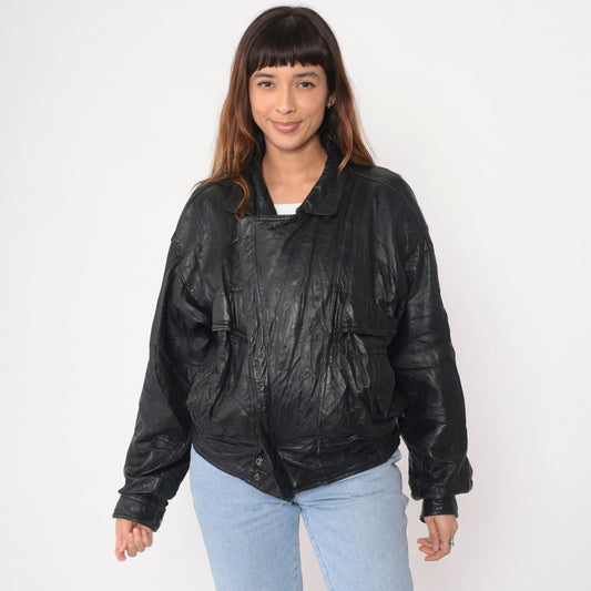 90s Black Leather Motorcycle Jacket Asymmetrical Moto Biker Small
