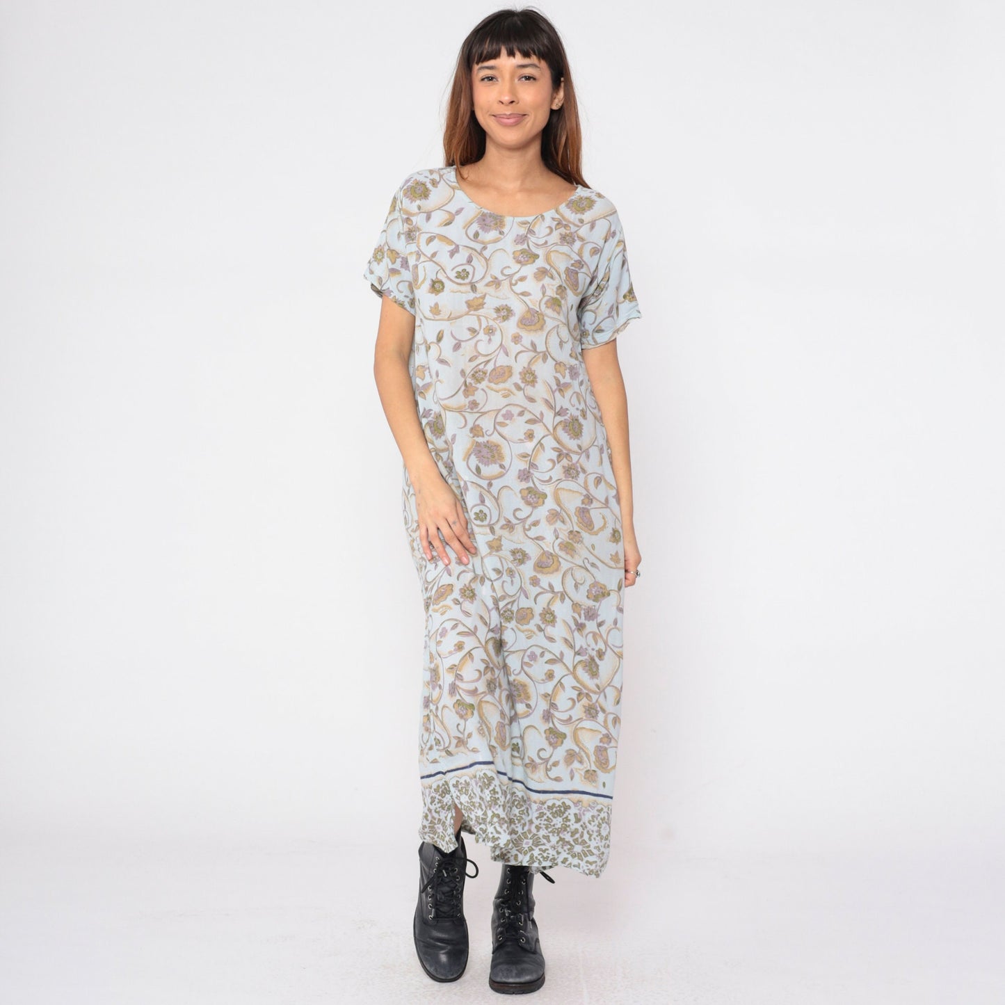 Y2K Indian Floral Midi Dress Light Blue Short Sleeve Small S