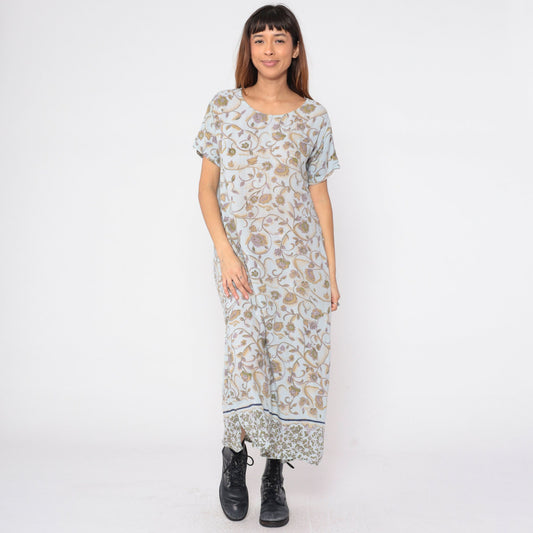Y2K Indian Floral Midi Dress Light Blue Short Sleeve Small S