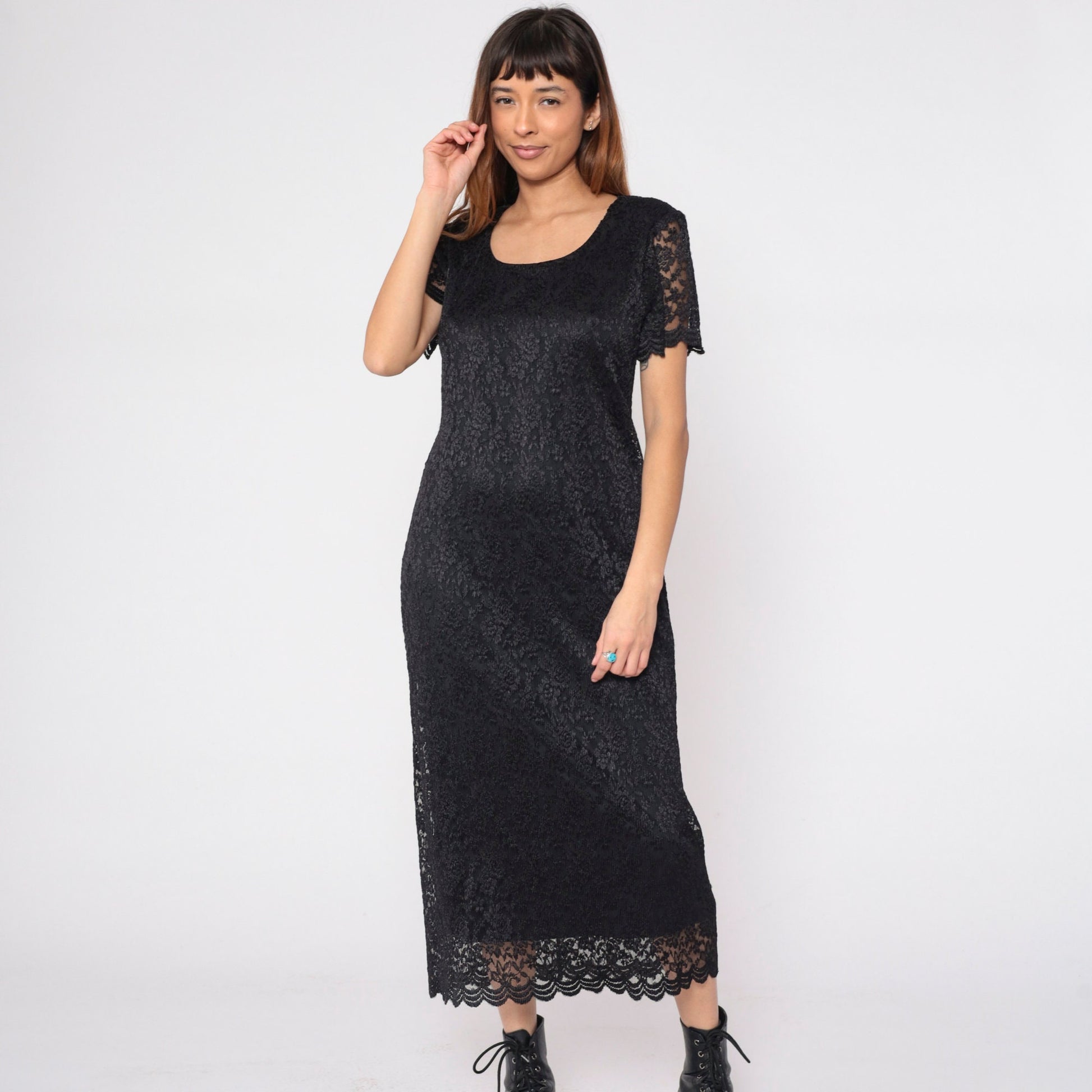 90s Helen Blake Black Lace Floral Midi Dress Scoop Neck Short Sleeve Medium