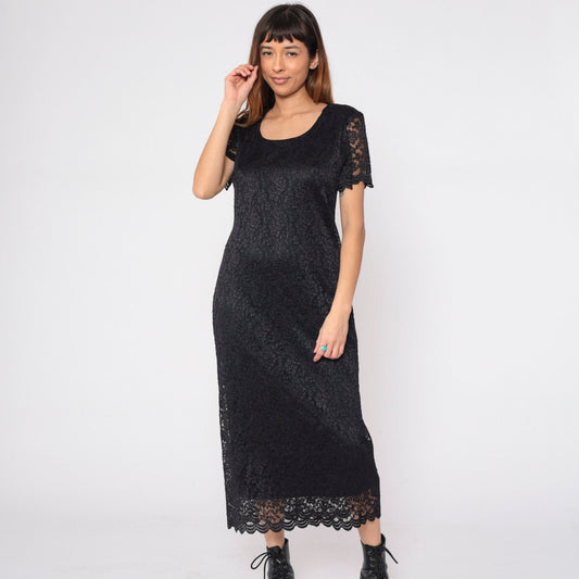 90s Helen Blake Black Lace Floral Midi Dress Scoop Neck Short Sleeve Medium