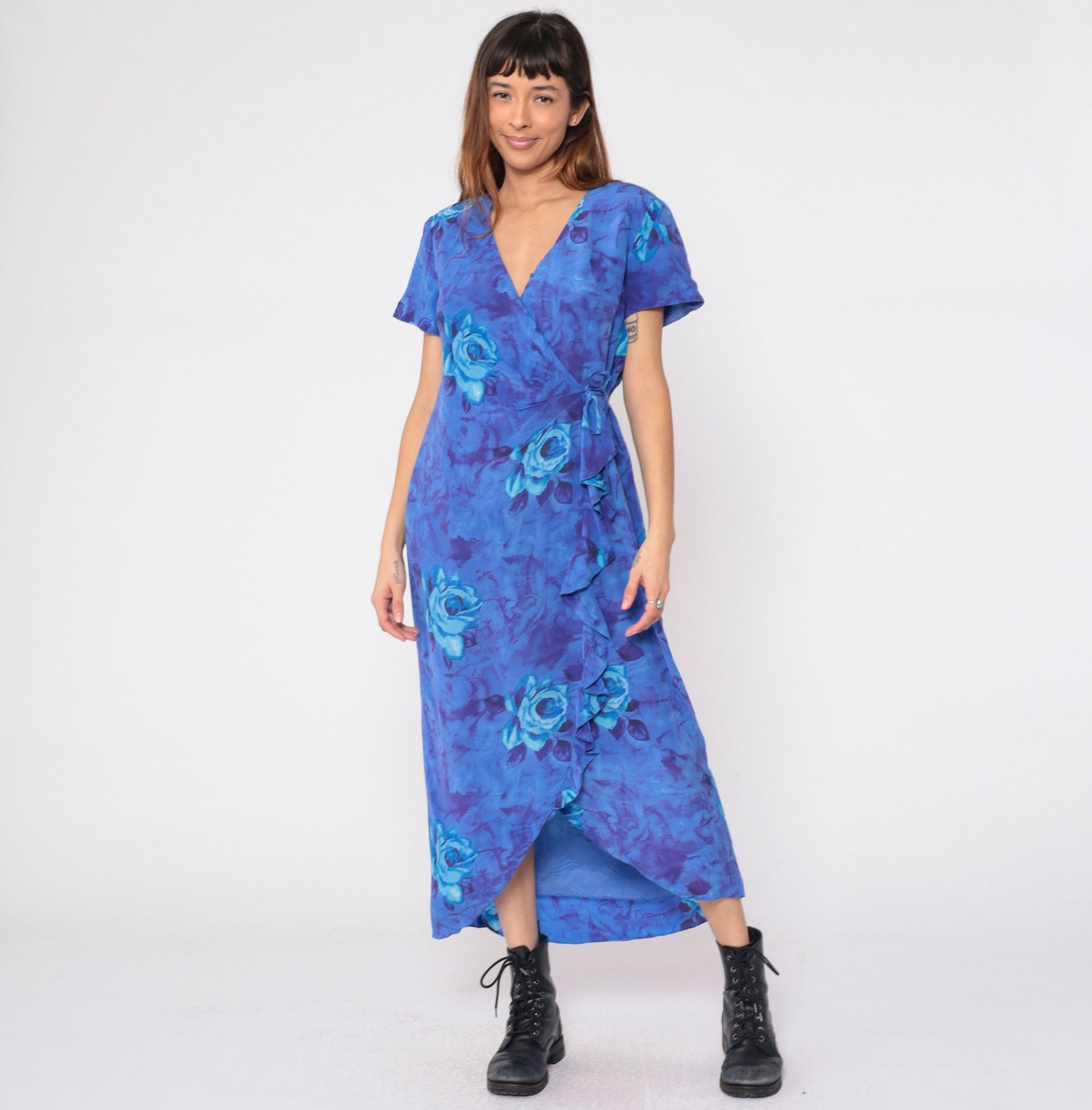 90s Y2K Blue Floral Silk Wrap Dress Waterfall Hem Rose Print Medium