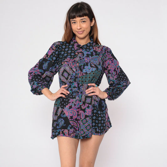 90s Black Abstract Floral Paisley Tunic Mini Dress Puff Sleeve Collared Medium Large