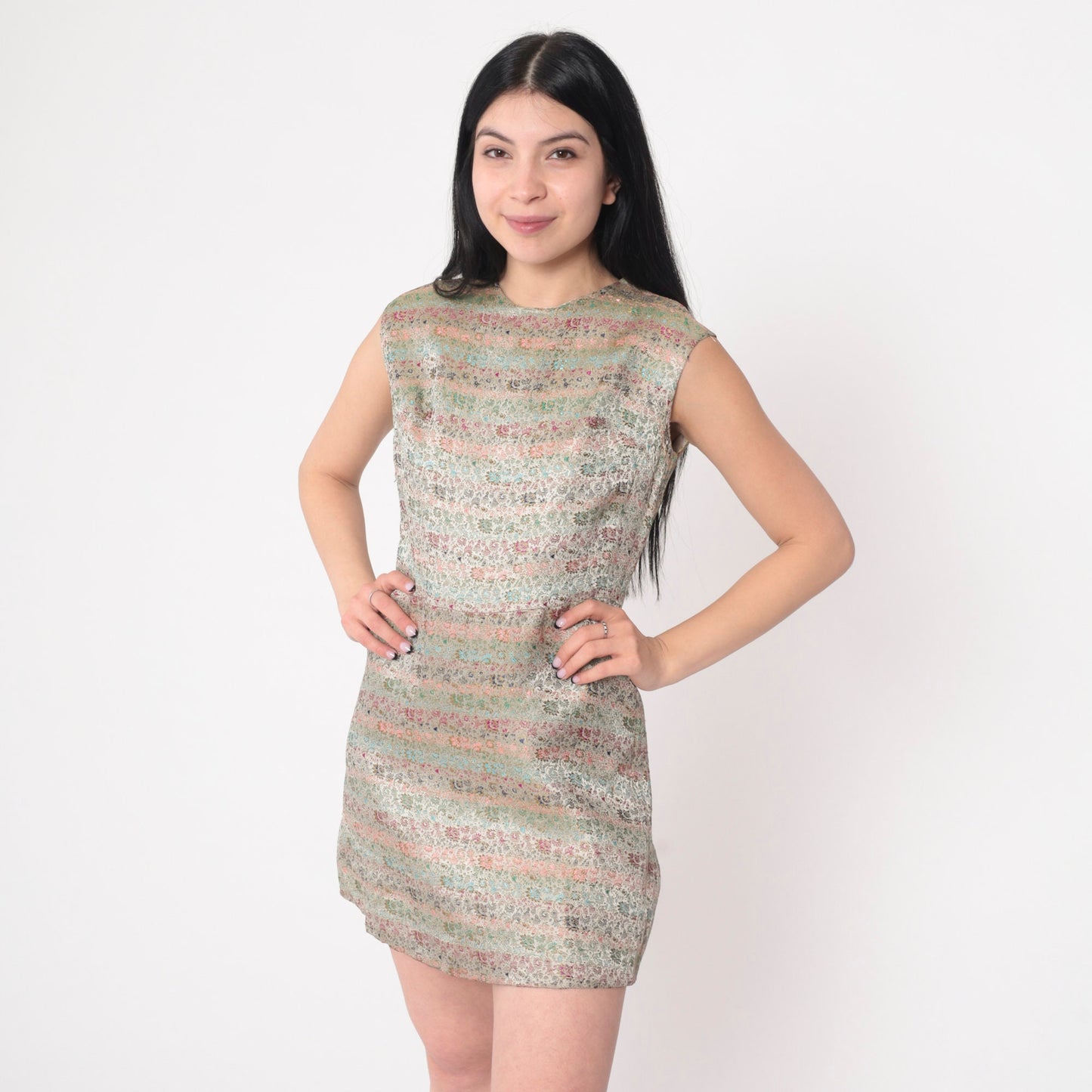 60s Floral Brocade Mini Dress Sleeveless Shift High Waist Small