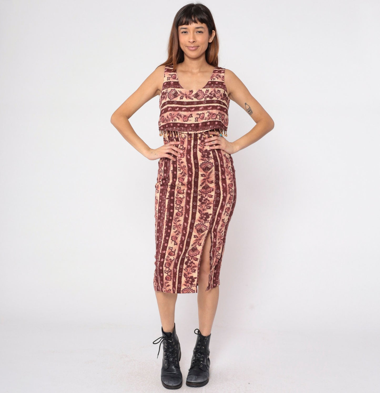 90s Floral Tie Dye Midi Sundress Empire Waist Sleeveless Striped Print Medium