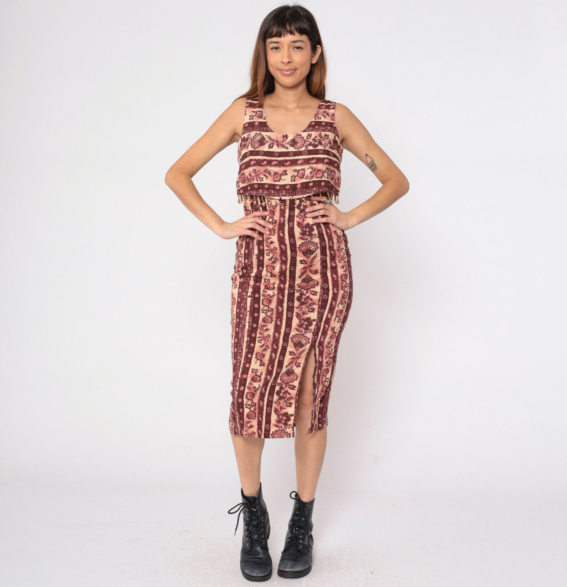 90s Floral Tie Dye Midi Sundress Empire Waist Sleeveless Striped Print Medium