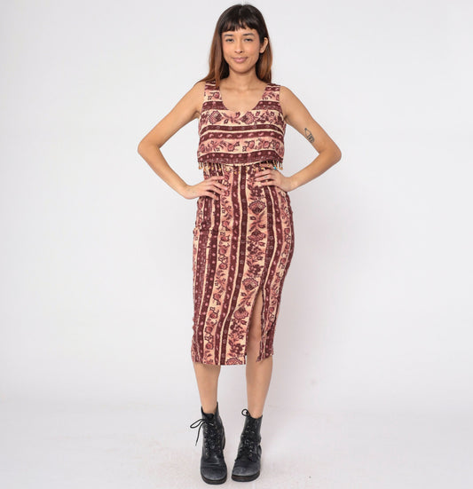 90s Floral Tie Dye Midi Sundress Empire Waist Sleeveless Striped Print Medium